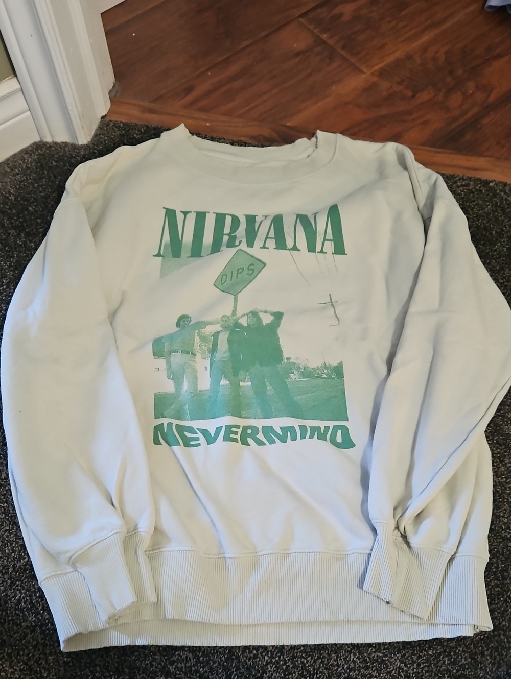 American Eagle Outfitters White Crewneck with Green Nirvana Graphic